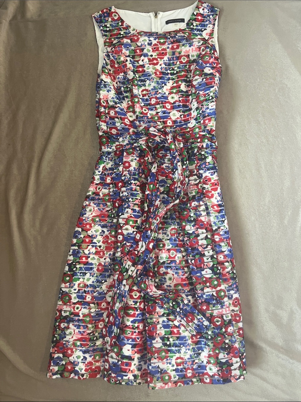 Tommy Hilfiger White Multi Floral Sleeveless Tie-Waist Dress